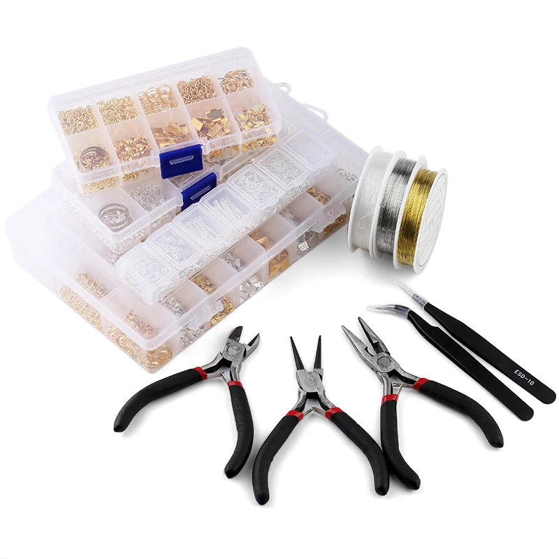 Jewelry Making Chain - Schmuckzubehör-Werkzeugset, offener Biegering/Karabinerverschluss/Schwanzkette/Clip-Schnalle/Tropfen-Set/Ohrringhaken/für DIY-Schmuckherstellung